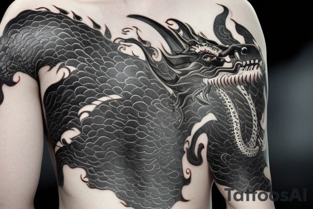 Placement: Shoulder sleeve
The dragon is a Japanese-style dragon tattoo with black scales, silver accents, sharp claws, long silky hair and expressive eyes. Its head perches on your shoulder, and its body wraps around your arm in a spiral. The dragon's mouth is open as if it's roaring, and its tongue curls around your bicep.
The landscape: Snowy mountains in the distance, scattered pine trees, and a blue sky. The tallest peak is in the centre of the design, and the snow is piled high on the ground.
The details: Highly detailed scales with intricate patterns and shading, sharp claws, expressive eyes, and snowflakes with a crystalline appearance.
The colours: Dark green scales with gold accents, pale blue-grey mountains, various shades of green for trees, and pure white snow.
The movement The dragon's body curves around your arm in a spiral, with its head and tail meeting at your shoulder. Its wings are outstretched, causing snow on the ground to spray up dramatically. tattoo idea
