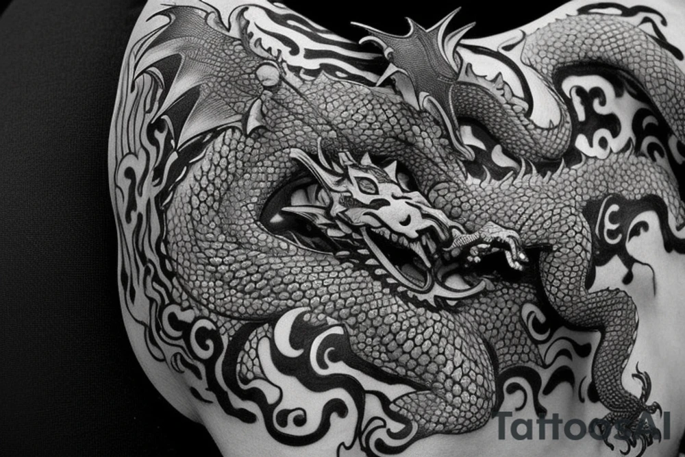 Placement: Shoulder sleeve
The dragon is a Japanese-style dragon tattoo with black scales, silver accents, sharp claws, long silky hair and expressive eyes. Its head perches on your shoulder, and its body wraps around your arm in a spiral. The dragon's mouth is open as if it's roaring, and its tongue curls around your bicep.
The landscape: Snowy mountains in the distance, scattered pine trees, and a blue sky. The tallest peak is in the centre of the design, and the snow is piled high on the ground.
The details: Highly detailed scales with intricate patterns and shading, sharp claws, expressive eyes, and snowflakes with a crystalline appearance.
The colours: Dark green scales with gold accents, pale blue-grey mountains, various shades of green for trees, and pure white snow.
The movement The dragon's body curves around your arm in a spiral, with its head and tail meeting at your shoulder. Its wings are outstretched, causing snow on the ground to spray up dramatically. tattoo idea