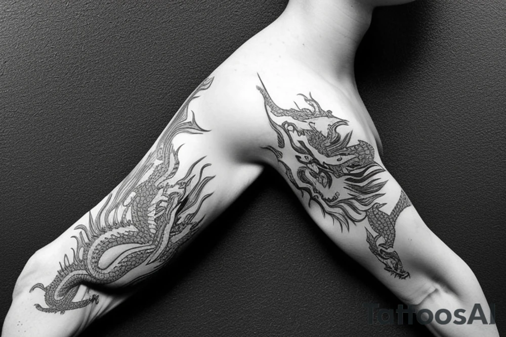 Placement: Shoulder sleeve
The dragon is a Japanese-style dragon tattoo with black scales, silver accents, sharp claws, long silky hair and expressive eyes. Its head perches on your shoulder, and its body wraps around your arm in a spiral. The dragon's mouth is open as if it's roaring, and its tongue curls around your bicep.
The landscape: Snowy mountains in the distance, scattered pine trees, and a blue sky. The tallest peak is in the centre of the design, and the snow is piled high on the ground.
The details: Highly detailed scales with intricate patterns and shading, sharp claws, expressive eyes, and snowflakes with a crystalline appearance.
The colours: Dark green scales with gold accents, pale blue-grey mountains, various shades of green for trees, and pure white snow.
The movement The dragon's body curves around your arm in a spiral, with its head and tail meeting at your shoulder. Its wings are outstretched, causing snow on the ground to spray up dramatically. tattoo idea