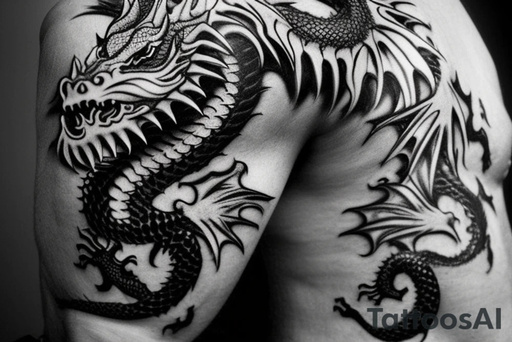 Placement: Shoulder sleeve
The dragon is a Japanese-style dragon tattoo with black scales, silver accents, sharp claws, long silky hair and expressive eyes. Its head perches on your shoulder, and its body wraps around your arm in a spiral. The dragon's mouth is open as if it's roaring, and its tongue curls around your bicep.
The landscape: Snowy mountains in the distance, scattered pine trees, and a blue sky. The tallest peak is in the centre of the design, and the snow is piled high on the ground.
The details: Highly detailed scales with intricate patterns and shading, sharp claws, expressive eyes, and snowflakes with a crystalline appearance.
The colours: Dark green scales with gold accents, pale blue-grey mountains, various shades of green for trees, and pure white snow.
The movement The dragon's body curves around your arm in a spiral, with its head and tail meeting at your shoulder. Its wings are outstretched, causing snow on the ground to spray up dramatically. tattoo idea