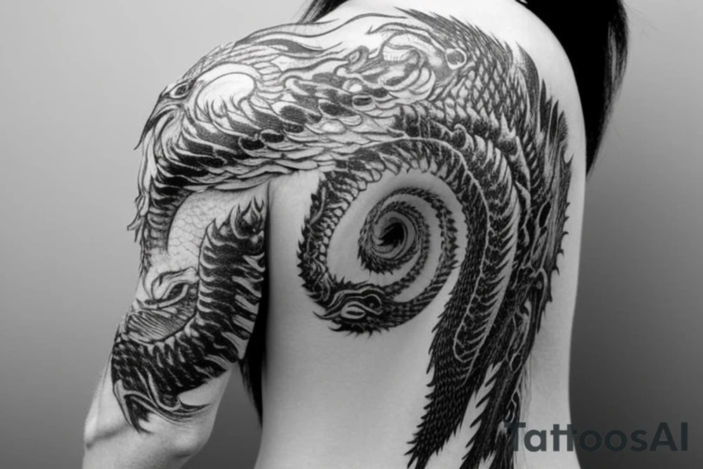 Placement: Shoulder sleeve
The dragon is a Japanese-style dragon tattoo with black scales, silver accents, sharp claws, long silky hair and expressive eyes. Its head perches on your shoulder, and its body wraps around your arm in a spiral. The dragon's mouth is open as if it's roaring, and its tongue curls around your bicep.
The landscape: Snowy mountains in the distance, scattered pine trees, and a blue sky. The tallest peak is in the centre of the design, and the snow is piled high on the ground.
The details: Highly detailed scales with intricate patterns and shading, sharp claws, expressive eyes, and snowflakes with a crystalline appearance.
The colours: Dark green scales with gold accents, pale blue-grey mountains, various shades of green for trees, and pure white snow.
The movement The dragon's body curves around your arm in a spiral, with its head and tail meeting at your shoulder. Its wings are outstretched, causing snow on the ground to spray up dramatically. tattoo idea