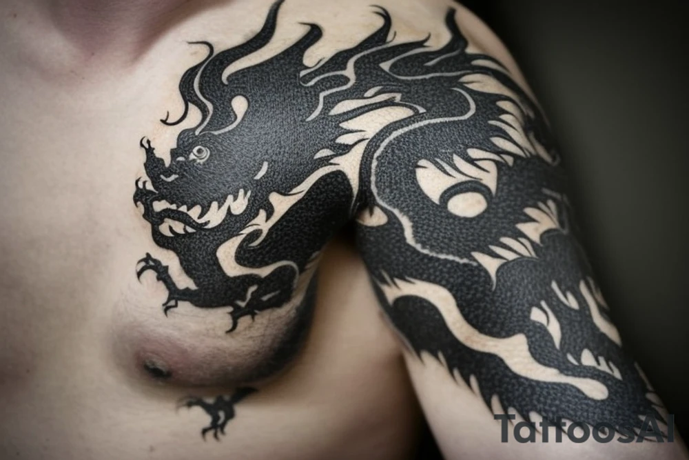 Placement: Shoulder sleeve
The dragon is a Japanese-style dragon tattoo with black scales, silver accents, sharp claws, long silky hair and expressive eyes. Its head perches on your shoulder, and its body wraps around your arm in a spiral. The dragon's mouth is open as if it's roaring, and its tongue curls around your bicep.
The landscape: Snowy mountains in the distance, scattered pine trees, and a blue sky. The tallest peak is in the centre of the design, and the snow is piled high on the ground.
The details: Highly detailed scales with intricate patterns and shading, sharp claws, expressive eyes, and snowflakes with a crystalline appearance.
The colours: Dark green scales with gold accents, pale blue-grey mountains, various shades of green for trees, and pure white snow.
The movement The dragon's body curves around your arm in a spiral, with its head and tail meeting at your shoulder. Its wings are outstretched, causing snow on the ground to spray up dramatically. tattoo idea