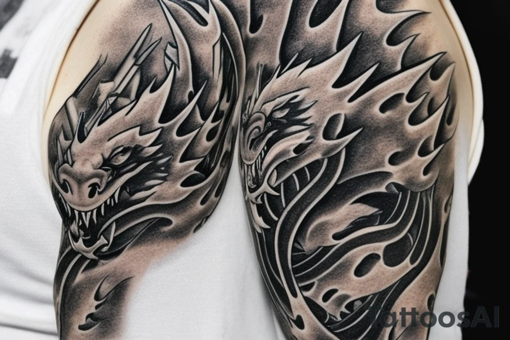 Placement: Shoulder sleeve
The dragon is a Japanese-style dragon tattoo with black scales, silver accents, sharp claws, long silky hair and expressive eyes. Its head perches on your shoulder, and its body wraps around your arm in a spiral. The dragon's mouth is open as if it's roaring, and its tongue curls around your bicep.
The landscape: Snowy mountains in the distance, scattered pine trees, and a blue sky. The tallest peak is in the centre of the design, and the snow is piled high on the ground.
The details: Highly detailed scales with intricate patterns and shading, sharp claws, expressive eyes, and snowflakes with a crystalline appearance.
The colours: Dark green scales with gold accents, pale blue-grey mountains, various shades of green for trees, and pure white snow.
The movement The dragon's body curves around your arm in a spiral, with its head and tail meeting at your shoulder. Its wings are outstretched, causing snow on the ground to spray up dramatically. tattoo idea