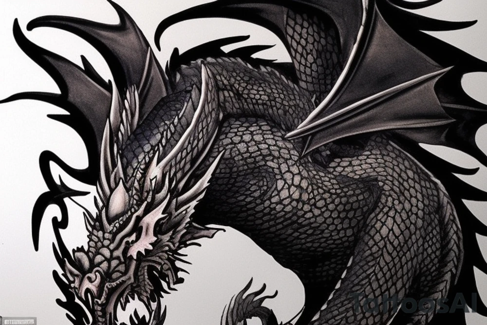Placement: Shoulder sleeve
The dragon is a Japanese-style dragon tattoo with black scales, silver accents, sharp claws, long silky hair and expressive eyes. Its head perches on your shoulder, and its body wraps around your arm in a spiral. The dragon's mouth is open as if it's roaring, and its tongue curls around your bicep.
The landscape: Snowy mountains in the distance, scattered pine trees, and a blue sky. The tallest peak is in the centre of the design, and the snow is piled high on the ground.
The details: Highly detailed scales with intricate patterns and shading, sharp claws, expressive eyes, and snowflakes with a crystalline appearance.
The colours: Dark green scales with gold accents, pale blue-grey mountains, various shades of green for trees, and pure white snow.
The movement The dragon's body curves around your arm in a spiral, with its head and tail meeting at your shoulder. Its wings are outstretched, causing snow on the ground to spray up dramatically. tattoo idea
