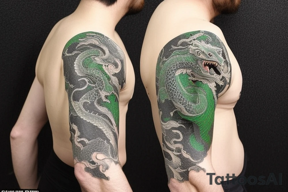 Placement: Shoulder sleeve
The dragon is a Japanese-style dragon tattoo with black scales,green accents, sharp claws, long silky hair and expressive eyes. Its head perches on your shoulder, and its body wraps around your arm in a spiral. The dragon's mouth is open as if it's roaring, and its tongue curls around your bicep.
The landscape: Snowy mountains in the distance, scattered pine trees, and a blue sky. The tallest peak is in the centre of the design, and the snow is piled high on the ground.
The details: Highly detailed scales with intricate patterns and shading, sharp claws, expressive eyes, and snowflakes with a crystalline appearance.
The colours: Dark green scales with gold accents, pale blue-grey mountains, various shades of green for trees, and pure white snow.
The movement The dragon's body curves around your arm in a spiral, with its head and tail meeting at your shoulder. Its wings are outstretched, causing snow on the ground to spray up dramatically. tattoo idea