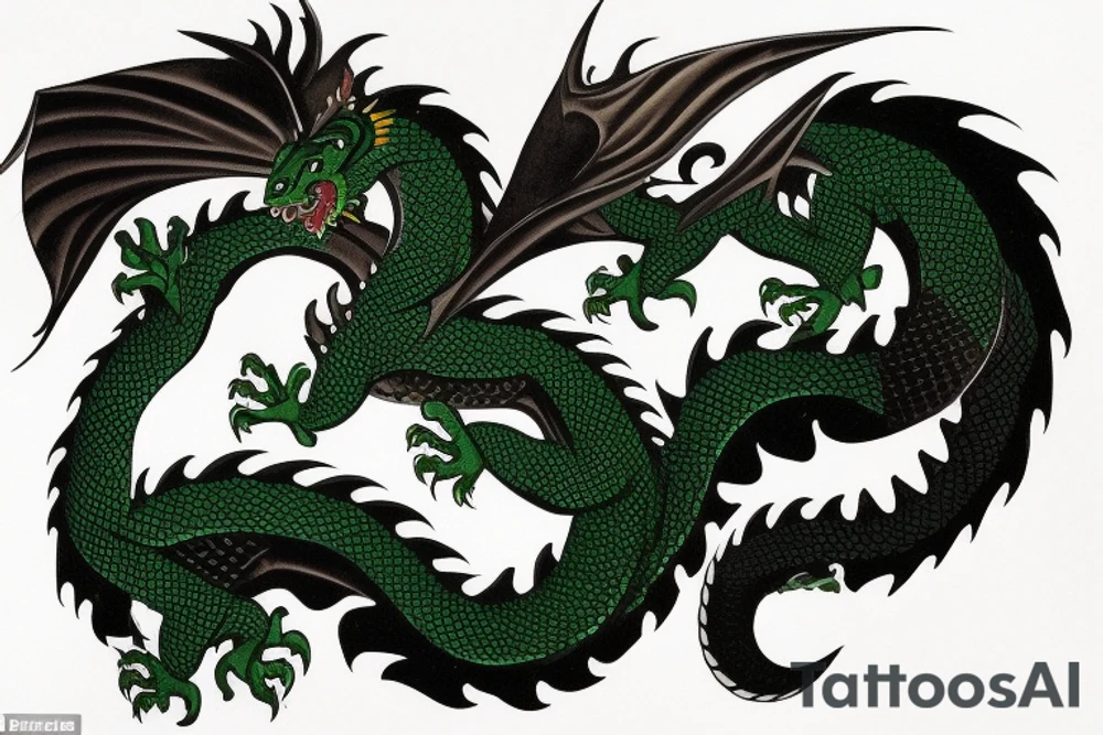 Placement: Shoulder sleeve
The dragon is a Japanese-style dragon tattoo with black scales,green accents, sharp claws, long silky hair and expressive eyes. Its head perches on your shoulder, and its body wraps around your arm in a spiral. The dragon's mouth is open as if it's roaring, and its tongue curls around your bicep.
The landscape: Snowy mountains in the distance, scattered pine trees, and a blue sky. The tallest peak is in the centre of the design, and the snow is piled high on the ground.
The details: Highly detailed scales with intricate patterns and shading, sharp claws, expressive eyes, and snowflakes with a crystalline appearance.
The colours: Dark green scales with gold accents, pale blue-grey mountains, various shades of green for trees, and pure white snow.
The movement The dragon's body curves around your arm in a spiral, with its head and tail meeting at your shoulder. Its wings are outstretched, causing snow on the ground to spray up dramatically. tattoo idea