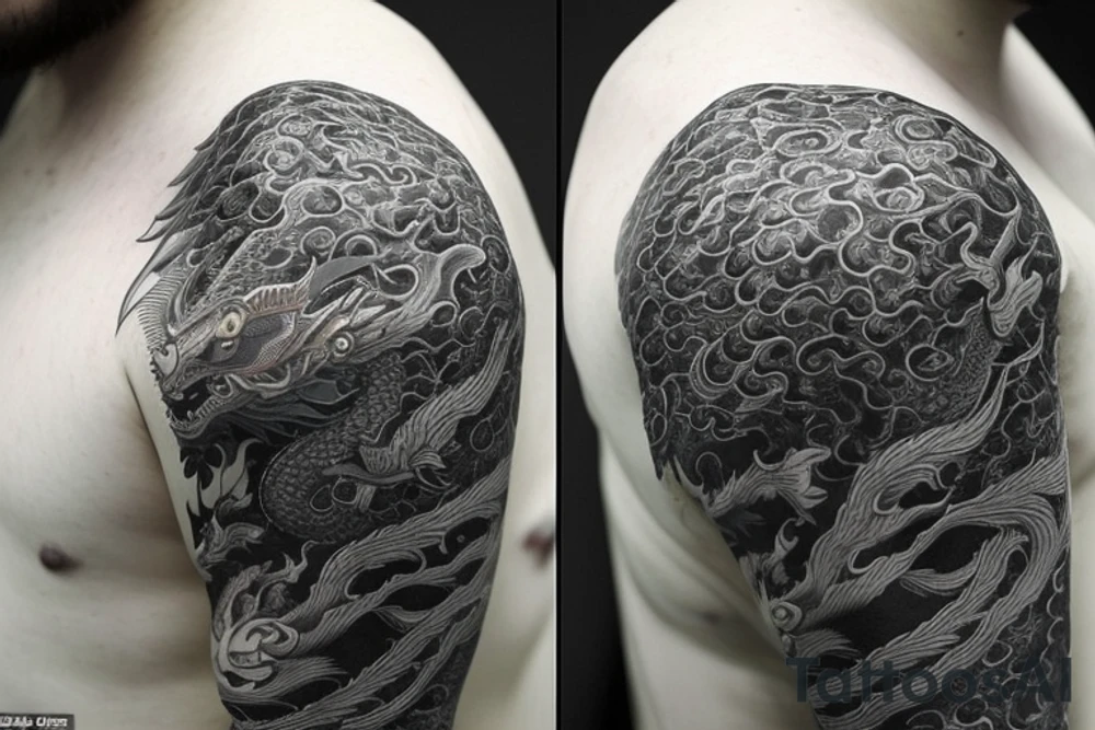 Placement: Shoulder sleeve
The dragon is a Japanese-style dragon tattoo with black scales,green accents, sharp claws, long silky hair and expressive eyes. Its head perches on your shoulder, and its body wraps around your arm in a spiral. The dragon's mouth is open as if it's roaring, and its tongue curls around your bicep.
The landscape: Snowy mountains in the distance, scattered pine trees, and a blue sky. The tallest peak is in the centre of the design, and the snow is piled high on the ground.
The details: Highly detailed scales with intricate patterns and shading, sharp claws, expressive eyes, and snowflakes with a crystalline appearance.
The colours: Dark green scales with gold accents, pale blue-grey mountains, various shades of green for trees, and pure white snow.
The movement The dragon's body curves around your arm in a spiral, with its head and tail meeting at your shoulder. Its wings are outstretched, causing snow on the ground to spray up dramatically. tattoo idea