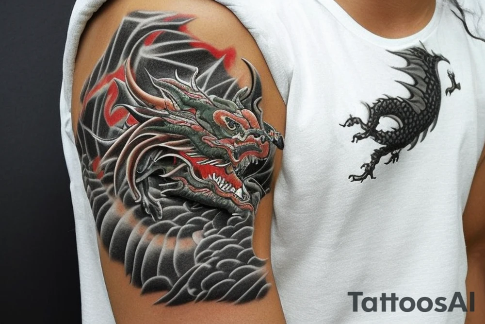Placement: Shoulder sleeve
The dragon is a Japanese-style dragon tattoo with black scales,green accents, sharp claws, long silky hair and expressive eyes. Its head perches on your shoulder, and its body wraps around your arm in a spiral. The dragon's mouth is open as if it's roaring, and its tongue curls around your bicep.
The landscape: Snowy mountains in the distance, scattered pine trees, and a blue sky. The tallest peak is in the centre of the design, and the snow is piled high on the ground.
The details: Highly detailed scales with intricate patterns and shading, sharp claws, expressive eyes, and snowflakes with a crystalline appearance.
The colours: Dark green scales with gold accents, pale blue-grey mountains, various shades of green for trees, and pure white snow.
The movement The dragon's body curves around your arm in a spiral, with its head and tail meeting at your shoulder. Its wings are outstretched, causing snow on the ground to spray up dramatically. tattoo idea