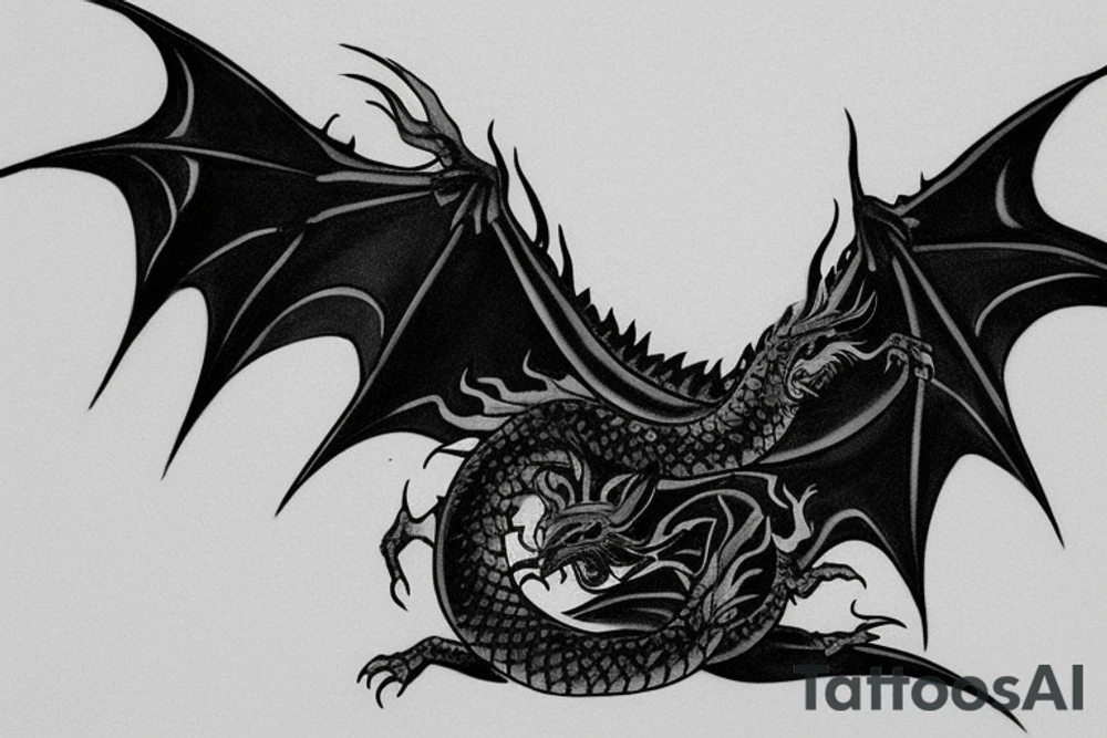 Placement: full arm sleeve
The dragon is a Japanese-style dragon tattoo with black scales,green accents, sharp claws, long silky hair and expressive eyes. Its head perches on your shoulder, and its body wraps around your arm in a spiral. The dragon's mouth is open as if it's roaring, and its tongue curls around your bicep.
The landscape: Snowy mountains in the distance, scattered pine trees, and a blue sky. The tallest peak is in the centre of the design, and the snow is piled high on the ground.
The details: Highly detailed scales with intricate patterns and shading, sharp claws, expressive eyes, and snowflakes with a crystalline appearance.
The colours: Dark green scales with gold accents, pale blue-grey mountains, various shades of green for trees, and pure white snow.
The movement The dragon's body curves around your arm in a spiral, with its head and tail meeting at your shoulder. Its wings are outstretched, causing snow on the ground to spray up dramatically. tattoo idea