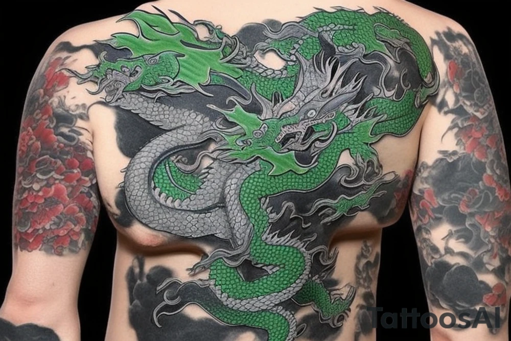 Placement: full arm sleeve
The dragon is a Japanese-style dragon tattoo with black scales,green accents, sharp claws, long silky hair and expressive eyes. Its head perches on your shoulder, and its body wraps around your arm in a spiral. The dragon's mouth is open as if it's roaring, and its tongue curls around your bicep.
The landscape: Snowy mountains in the distance, scattered pine trees, and a blue sky. The tallest peak is in the centre of the design, and the snow is piled high on the ground.
The details: Highly detailed scales with intricate patterns and shading, sharp claws, expressive eyes, and snowflakes with a crystalline appearance.
The colours: Dark green scales with gold accents, pale blue-grey mountains, various shades of green for trees, and pure white snow.
The movement The dragon's body curves around your arm in a spiral, with its head and tail meeting at your shoulder. Its wings are outstretched, causing snow on the ground to spray up dramatically. tattoo idea