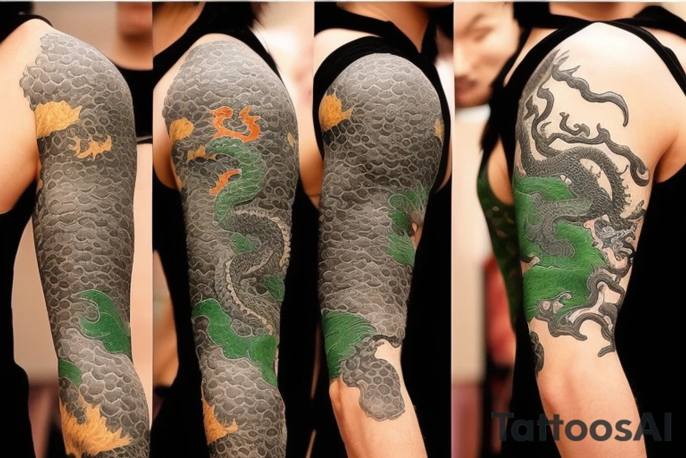 full arm sleeve
The dragon is a Japanese-style dragon tattoo with black scales,green accents, sharp claws, long silky hair and expressive eyes. Its head perches on your shoulder, and its body wraps around your arm in a spiral. The dragon's mouth is open as if it's roaring, and its tongue curls around your bicep.
Snowy mountains in the distance, scattered pine trees, and a blue sky. The tallest peak is in the centre of the design, and the snow is piled high on the ground.
Highly detailed scales with intricate patterns and shading, sharp claws, expressive eyes, and snowflakes with a crystalline appearance.Black scales with green accents, pale blue-grey mountains, various shades of green for trees, and pure white snow.
The movement The dragon's body curves around your arm in a spiral, with its head and tail meeting at your shoulder. Its wings are outstretched, causing snow on the ground to spray up dramatically. tattoo idea