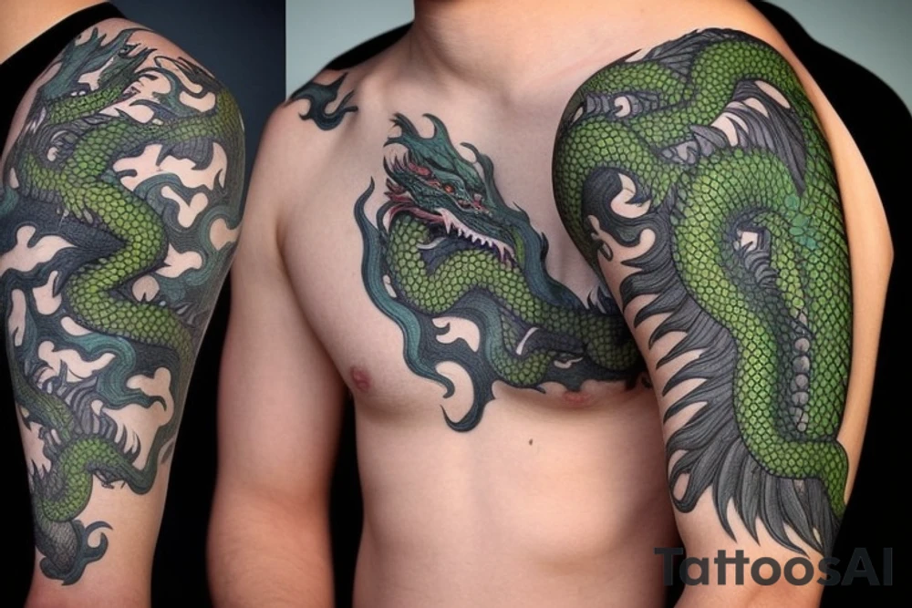 full arm sleeve
The dragon is a Japanese-style dragon tattoo with black scales,green accents, sharp claws, long silky hair and expressive eyes. Its head perches on your shoulder, and its body wraps around your arm in a spiral. The dragon's mouth is open as if it's roaring, and its tongue curls around your bicep.
Snowy mountains in the distance, scattered pine trees, and a blue sky. The tallest peak is in the centre of the design, and the snow is piled high on the ground.
Highly detailed scales with intricate patterns and shading, sharp claws, expressive eyes, and snowflakes with a crystalline appearance.Black scales with green accents, pale blue-grey mountains, various shades of green for trees, and pure white snow.
The movement The dragon's body curves around your arm in a spiral, with its head and tail meeting at your shoulder. Its wings are outstretched, causing snow on the ground to spray up dramatically. tattoo idea