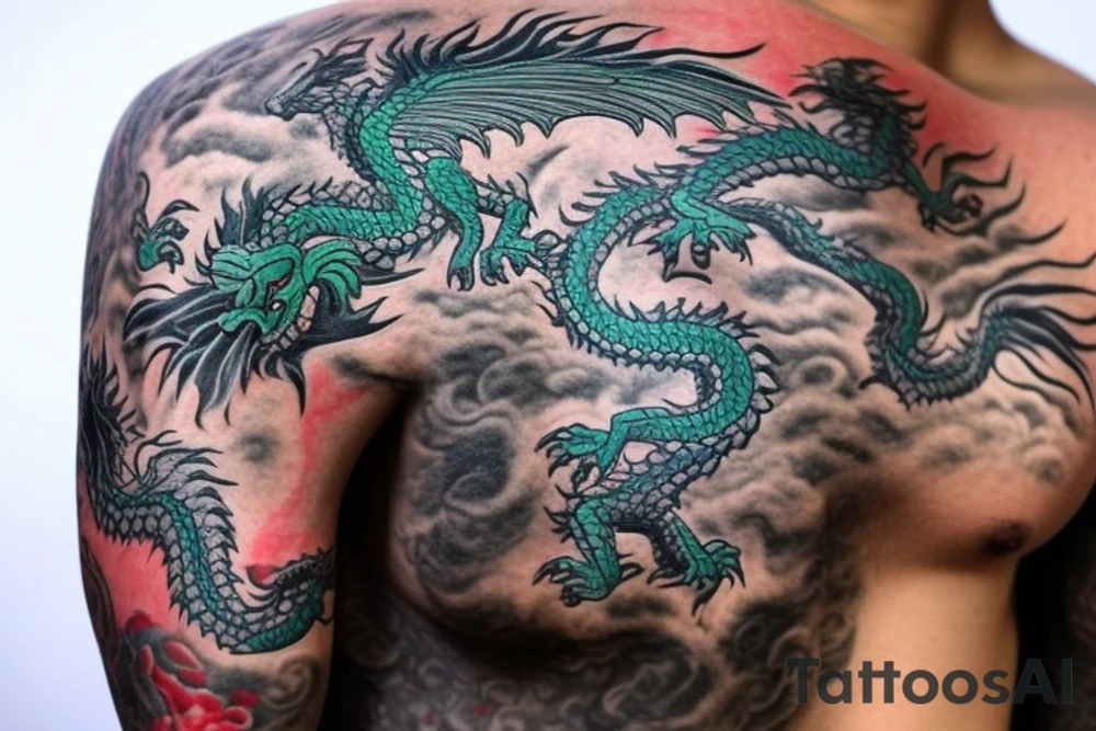 full arm sleeve
The dragon is a Japanese-style dragon tattoo with black scales,green accents, sharp claws, long silky hair and expressive eyes. Its head perches on your shoulder, and its body wraps around your arm in a spiral. The dragon's mouth is open as if it's roaring, and its tongue curls around your bicep.
Snowy mountains in the distance, scattered pine trees, and a blue sky. The tallest peak is in the centre of the design, and the snow is piled high on the ground.
Highly detailed scales with intricate patterns and shading, sharp claws, expressive eyes, and snowflakes with a crystalline appearance.Black scales with green accents, pale blue-grey mountains, various shades of green for trees, and pure white snow.
The movement The dragon's body curves around your arm in a spiral, with its head and tail meeting at your shoulder. Its wings are outstretched, causing snow on the ground to spray up dramatically. tattoo idea