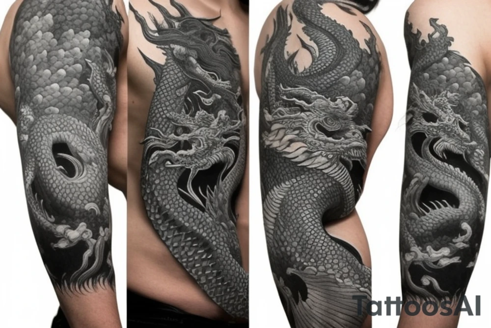 full arm sleeve
The dragon is a Japanese-style dragon tattoo with black scales,green accents, sharp claws, long silky hair and expressive eyes. Its head perches on your shoulder, and its body wraps around your arm in a spiral. The dragon's mouth is open as if it's roaring, and its tongue curls around your bicep.
Snowy mountains in the distance, scattered pine trees, and a blue sky. The tallest peak is in the centre of the design, and the snow is piled high on the ground.
Highly detailed scales with intricate patterns and shading, sharp claws, expressive eyes, and snowflakes with a crystalline appearance.Black scales with green accents, pale blue-grey mountains, various shades of green for trees, and pure white snow.
The movement The dragon's body curves around your arm in a spiral, with its head and tail meeting at your shoulder. Its wings are outstretched, causing snow on the ground to spray up dramatically. tattoo idea