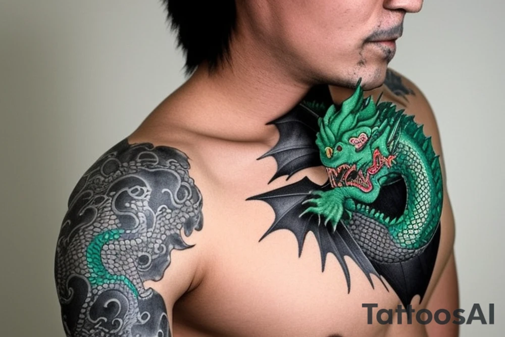 full arm sleeve
The dragon is a Japanese-style dragon tattoo with black scales,green accents, sharp claws, long silky hair and expressive eyes. Its head perches on your shoulder, and its body wraps around your arm in a spiral. The dragon's mouth is open as if it's roaring, and its tongue curls around your bicep.
Snowy mountains in the distance, scattered pine trees, and a blue sky. The tallest peak is in the centre of the design, and the snow is piled high on the ground.
Highly detailed scales with intricate patterns and shading, sharp claws, expressive eyes, and snowflakes with a crystalline appearance.Black scales with green accents, pale blue-grey mountains, various shades of green for trees, and pure white snow.
The movement The dragon's body curves around your arm in a spiral, with its head and tail meeting at your shoulder. Its wings are outstretched, causing snow on the ground to spray up dramatically. tattoo idea