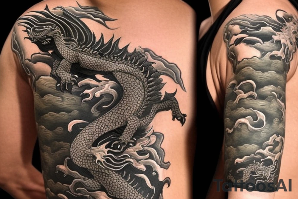 full arm sleeve
The dragon is a Japanese-style dragon tattoo with black scales,green accents, sharp claws, long silky hair and expressive eyes. Its head perches on your shoulder, and its body wraps around your arm in a spiral. The dragon's mouth is open as if it's roaring, and its tongue curls around your bicep.
Snowy mountains in the distance, scattered pine trees, and a blue sky. The tallest peak is in the centre of the design, and the snow is piled high on the ground.
Highly detailed scales with intricate patterns and shading, sharp claws, expressive eyes, and snowflakes with a crystalline appearance.Black scales with green accents, pale blue-grey mountains, various shades of green for trees, and pure white snow.
The movement The dragon's body curves around your arm in a spiral, with its head and tail meeting at your shoulder. Its wings are outstretched, causing snow on the ground to spray up dramatically. tattoo idea