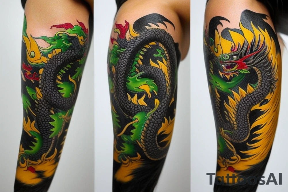 full arm sleeve
The dragon is a Japanese-style dragon tattoo with black scales,green  and yellow accents, sharp claws, long silky hair and expressive eyes. Its head perches on your shoulder, and its body wraps around your arm in a spiral. The dragon's mouth is open as if it's roaring, and its tongue curls around your bicep.
Snowy mountains in the distance, scattered pine trees, and a blue sky. The tallest peak is in the centre of the design, and the snow is piled high on the ground.
Highly detailed scales with intricate patterns and shading, sharp claws, expressive eyes, and snowflakes with a crystalline appearance.Black scales with green and yellow accents, pale blue-grey mountains, various shades of green for trees, and pure white snow.
The movement The dragon's body curves around your arm in a spiral, with its head and tail meeting at your shoulder. Its wings are outstretched, causing snow on the ground to spray up dramatically. tattoo idea