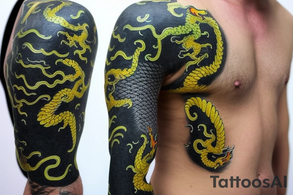 full arm sleeve
The dragon is a Japanese-style dragon tattoo with black scales,green  and yellow accents, sharp claws, long silky hair and expressive eyes. Its head perches on your shoulder, and its body wraps around your arm in a spiral. The dragon's mouth is open as if it's roaring, and its tongue curls around your bicep.
Snowy mountains in the distance, scattered pine trees, and a blue sky. The tallest peak is in the centre of the design, and the snow is piled high on the ground.
Highly detailed scales with intricate patterns and shading, sharp claws, expressive eyes, and snowflakes with a crystalline appearance.Black scales with green and yellow accents, pale blue-grey mountains, various shades of green for trees, and pure white snow.
The movement The dragon's body curves around your arm in a spiral, with its head and tail meeting at your shoulder. Its wings are outstretched, causing snow on the ground to spray up dramatically. tattoo idea