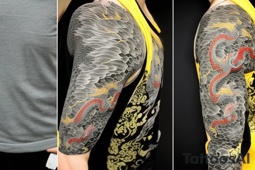 full arm sleeve
The dragon is a Japanese-style dragon tattoo with black scales,green   accents, sharp claws, long silky yellow hair and expressive eyes. Its head perches on your shoulder, and its body wraps around your arm in a spiral. The dragon's mouth is open as if it's roaring, and its tongue curls around your bicep.
Snowy mountains in the distance, scattered pine trees, and a blue sky. The tallest peak is in the centre of the design, and the snow is piled high on the ground.
Highly detailed scales with intricate patterns and shading, sharp claws, expressive eyes, and snowflakes with a crystalline appearance. pale blue-grey mountains, various shades of green for trees, and pure white snow.
The movement The dragon's body curves around your arm in a spiral, with its head and tail meeting at your shoulder. Its wings are outstretched, causing snow on the ground to spray up dramatically. tattoo idea