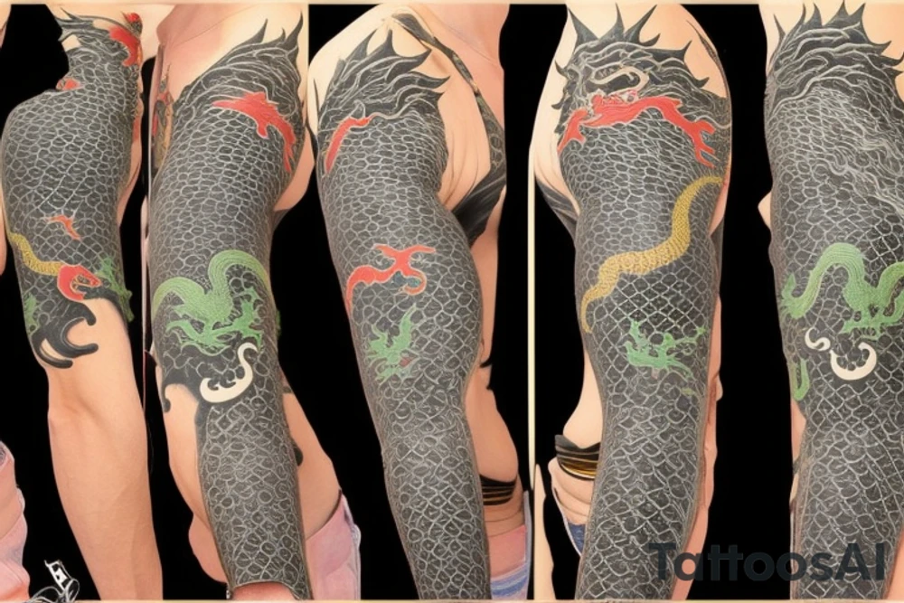 full arm sleeve
The dragon is a Japanese-style dragon tattoo with black scales,green   accents, sharp claws, long silky yellow hair and expressive eyes. Its head perches on your shoulder, and its body wraps around your arm in a spiral. The dragon's mouth is open as if it's roaring, and its tongue curls around your bicep.
Snowy mountains in the distance, scattered pine trees, and a blue sky. The tallest peak is in the centre of the design, and the snow is piled high on the ground.
Highly detailed scales with intricate patterns and shading, sharp claws, expressive eyes, and snowflakes with a crystalline appearance. pale blue-grey mountains, various shades of green for trees, and pure white snow.
The movement The dragon's body curves around your arm in a spiral, with its head and tail meeting at your shoulder. Its wings are outstretched, causing snow on the ground to spray up dramatically. tattoo idea