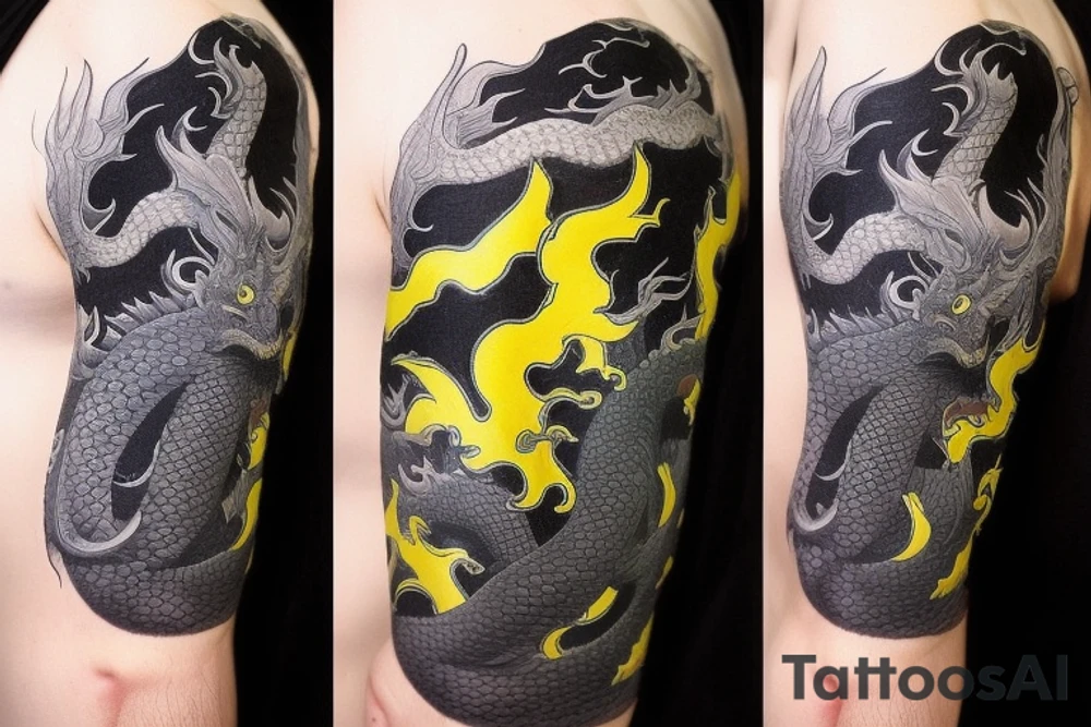 full arm sleeve
The dragon is a Japanese-style dragon tattoo with black scales,green   accents, sharp claws, long silky yellow hair and expressive eyes. Its head perches on your shoulder, and its body wraps around your arm in a spiral. The dragon's mouth is open as if it's roaring, and its tongue curls around your bicep.
Snowy mountains in the distance, scattered pine trees, and a blue sky. The tallest peak is in the centre of the design, and the snow is piled high on the ground.
Highly detailed scales with intricate patterns and shading, sharp claws, expressive eyes, and snowflakes with a crystalline appearance. pale blue-grey mountains, various shades of green for trees, and pure white snow.
The movement The dragon's body curves around your arm in a spiral, with its head and tail meeting at your shoulder. Its wings are outstretched, causing snow on the ground to spray up dramatically. tattoo idea