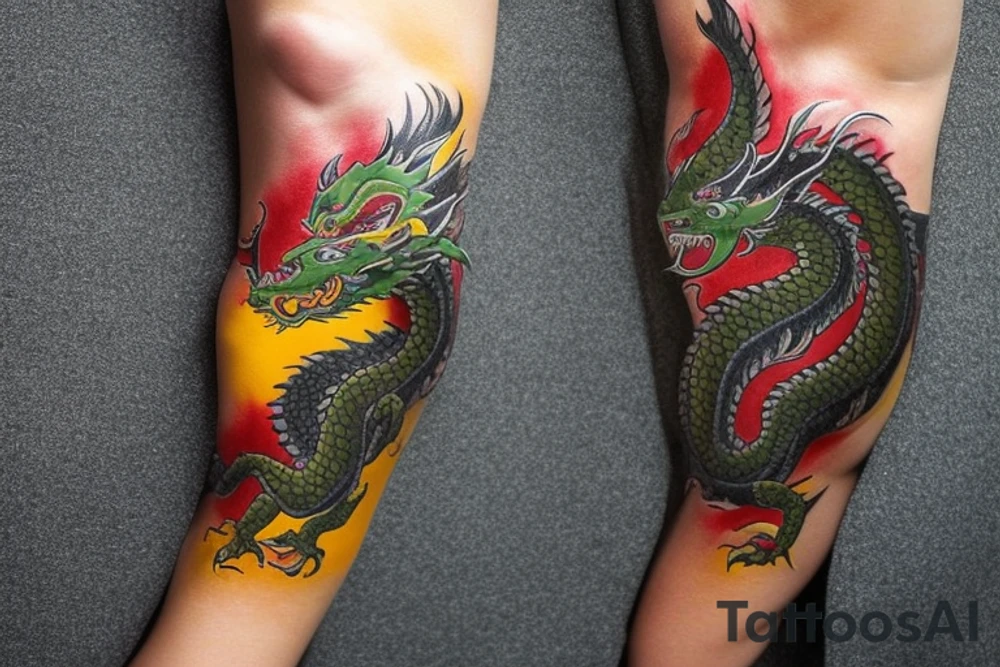 full arm sleeve
The dragon is a Japanese-style dragon tattoo with black scales,green   accents, sharp claws, long silky yellow hair and expressive eyes. Its head perches on your shoulder, and its body wraps around your arm in a spiral. The dragon's mouth is open as if it's roaring, and its tongue curls around your bicep.
Snowy mountains in the distance, scattered pine trees, and a blue sky. The tallest peak is in the centre of the design, and the snow is piled high on the ground.
Highly detailed scales with intricate patterns and shading, sharp claws, expressive eyes, and snowflakes with a crystalline appearance. pale blue-grey mountains, various shades of green for trees, and pure white snow.
The movement The dragon's body curves around your arm in a spiral, with its head and tail meeting at your shoulder. Its wings are outstretched, causing snow on the ground to spray up dramatically. tattoo idea