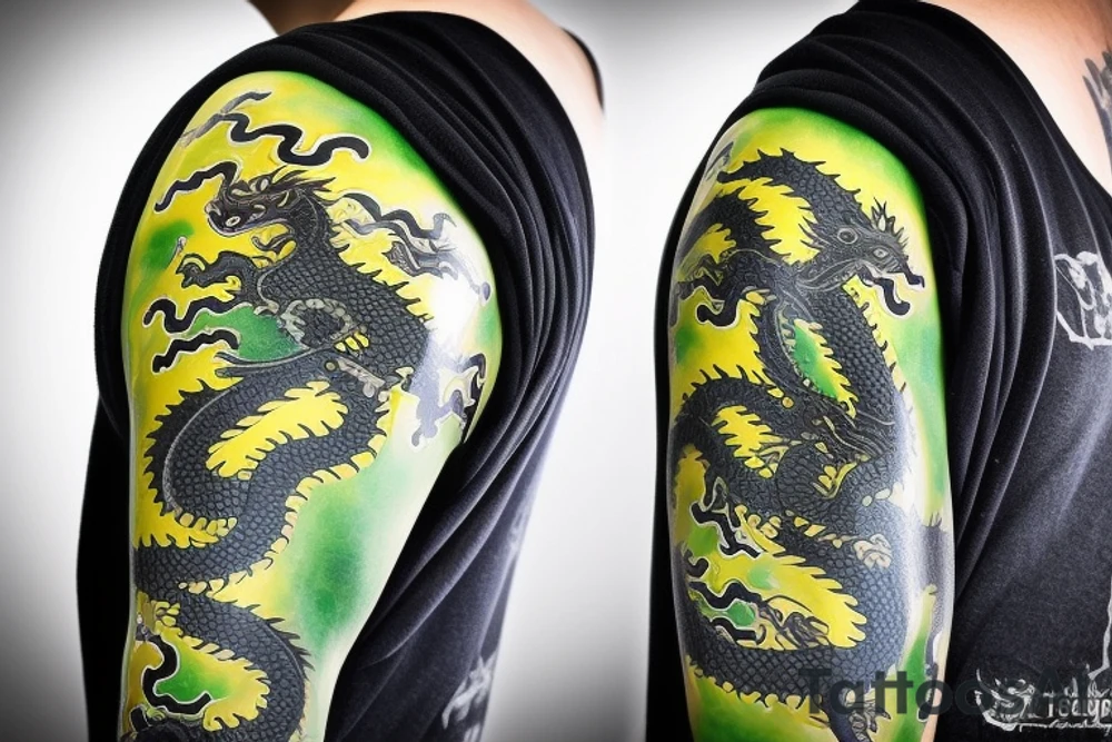 full arm sleeve
The dragon is a Japanese-style dragon tattoo with black scales,green   accents, sharp claws, long silky yellow hair and expressive eyes. Its head perches on your shoulder, and its body wraps around your arm in a spiral. The dragon's mouth is open as if it's roaring, and its tongue curls around your bicep.
Snowy mountains in the distance, scattered pine trees, and a blue sky. The tallest peak is in the centre of the design, and the snow is piled high on the ground.
Highly detailed scales with intricate patterns and shading, sharp claws, expressive eyes, and snowflakes with a crystalline appearance. pale blue-grey mountains, various shades of green for trees, and pure white snow.
The movement The dragon's body curves around your arm in a spiral, with its head and tail meeting at your shoulder. Its wings are outstretched, causing snow on the ground to spray up dramatically. tattoo idea