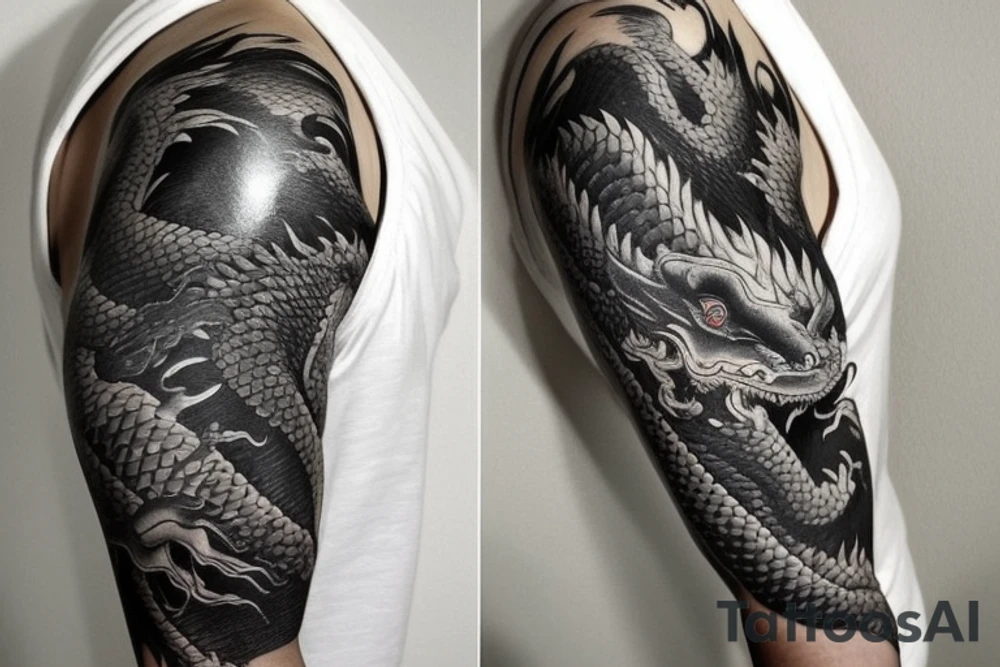 full arm sleeve
The dragon is a Japanese-style dragon tattoo with black scales,green   accents, sharp claws, long silky yellow hair and expressive eyes. Its head perches on your shoulder, and its body wraps around your arm in a spiral. The dragon's mouth is open as if it's roaring, and its tongue curls around your bicep.
Snowy mountains in the distance, scattered pine trees, and a blue sky. The tallest peak is in the centre of the design, and the snow is piled high on the ground.
Highly detailed scales with intricate patterns and shading, sharp claws, expressive eyes, and snowflakes with a crystalline appearance. pale blue-grey mountains, various shades of green for trees, and pure white snow.
The movement The dragon's body curves around your arm in a spiral, with its head and tail meeting at your shoulder. Its wings are outstretched, causing snow on the ground to spray up dramatically. tattoo idea