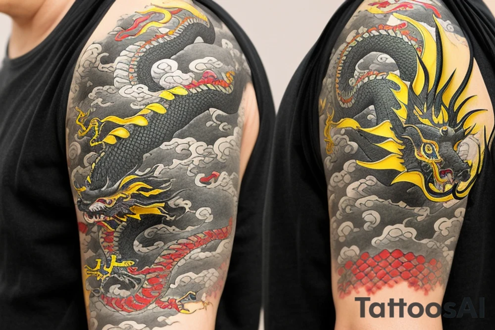 full arm sleeve
The dragon is a Japanese-style dragon tattoo with black scales,green   accents, sharp claws, long silky yellow hair and expressive eyes. Its head perches on your shoulder, and its body wraps around your arm in a spiral. The dragon's mouth is open as if it's roaring, and its tongue curls around your bicep.
Snowy mountains in the distance, scattered pine trees, and a blue sky. The tallest peak is in the centre of the design, and the snow is piled high on the ground.
Highly detailed scales with intricate patterns and shading, sharp claws, expressive eyes, and snowflakes with a crystalline appearance. pale blue-grey mountains, various shades of green for trees, and pure white snow.
The movement The dragon's body curves around your arm in a spiral, with its head and tail meeting at your shoulder. Its wings are outstretched, causing snow on the ground to spray up dramatically. tattoo idea