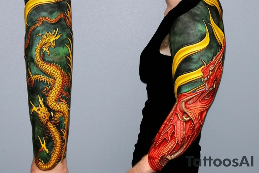 full arm sleeve
dragon tattoo with black scales,green   accents, sharp claws, long silky yellow hair and expressive eyes. Its head perches on your shoulder, and its body wraps around your arm in a spiral. The dragon's mouth is open as if it's roaring, and its tongue curls around your bicep.
Snowy mountains in the distance, scattered pine trees, and a blue sky. The tallest peak is in the centre of the design, and the snow is piled high on the ground.
Highly detailed scales with intricate patterns and shading, sharp claws, expressive eyes, and snowflakes with a crystalline appearance. pale blue-grey mountains, various shades of green for trees, and pure white snow.
The movement The dragon's body curves around your arm in a spiral, with its head and tail meeting at your shoulder. Its wings are outstretched, causing snow on the ground to spray up dramatically. tattoo idea