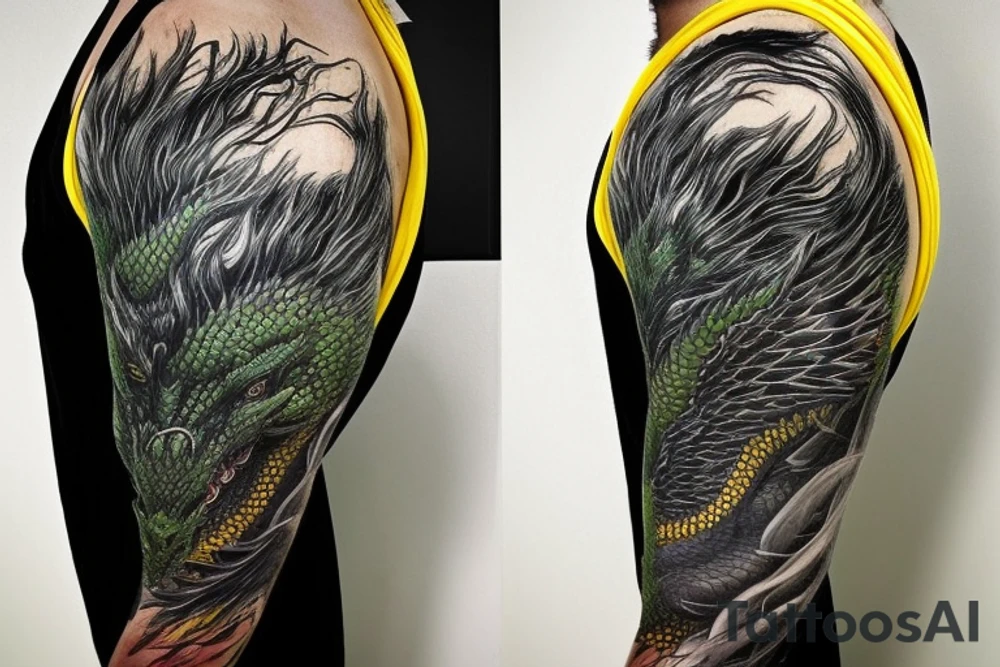 full arm sleeve
dragon tattoo with black scales,green   accents, sharp claws, long silky yellow hair and expressive eyes. Its head perches on your shoulder, and its body wraps around your arm in a spiral. The dragon's mouth is open as if it's roaring, and its tongue curls around your bicep.
Snowy mountains in the distance, scattered pine trees, and a blue sky. The tallest peak is in the centre of the design, and the snow is piled high on the ground.
Highly detailed scales with intricate patterns and shading, sharp claws, expressive eyes, and snowflakes with a crystalline appearance. pale blue-grey mountains, various shades of green for trees, and pure white snow.
The movement The dragon's body curves around your arm in a spiral, with its head and tail meeting at your shoulder. Its wings are outstretched, causing snow on the ground to spray up dramatically. tattoo idea
