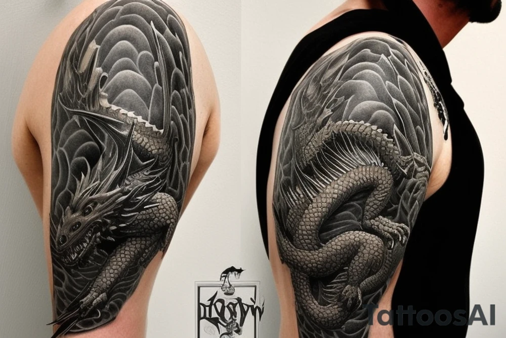 full arm sleeve
dragon tattoo with black scales,green   accents, sharp claws, long silky yellow hair and expressive eyes. Its head perches on your shoulder, and its body wraps around your arm in a spiral. The dragon's mouth is open as if it's roaring, and its tongue curls around your bicep.
Snowy mountains in the distance, scattered pine trees, and a blue sky. The tallest peak is in the centre of the design, and the snow is piled high on the ground.
Highly detailed scales with intricate patterns and shading, sharp claws, expressive eyes, and snowflakes with a crystalline appearance. pale blue-grey mountains, various shades of green for trees, and pure white snow.
The movement The dragon's body curves around your arm in a spiral, with its head and tail meeting at your shoulder. Its wings are outstretched, causing snow on the ground to spray up dramatically. tattoo idea