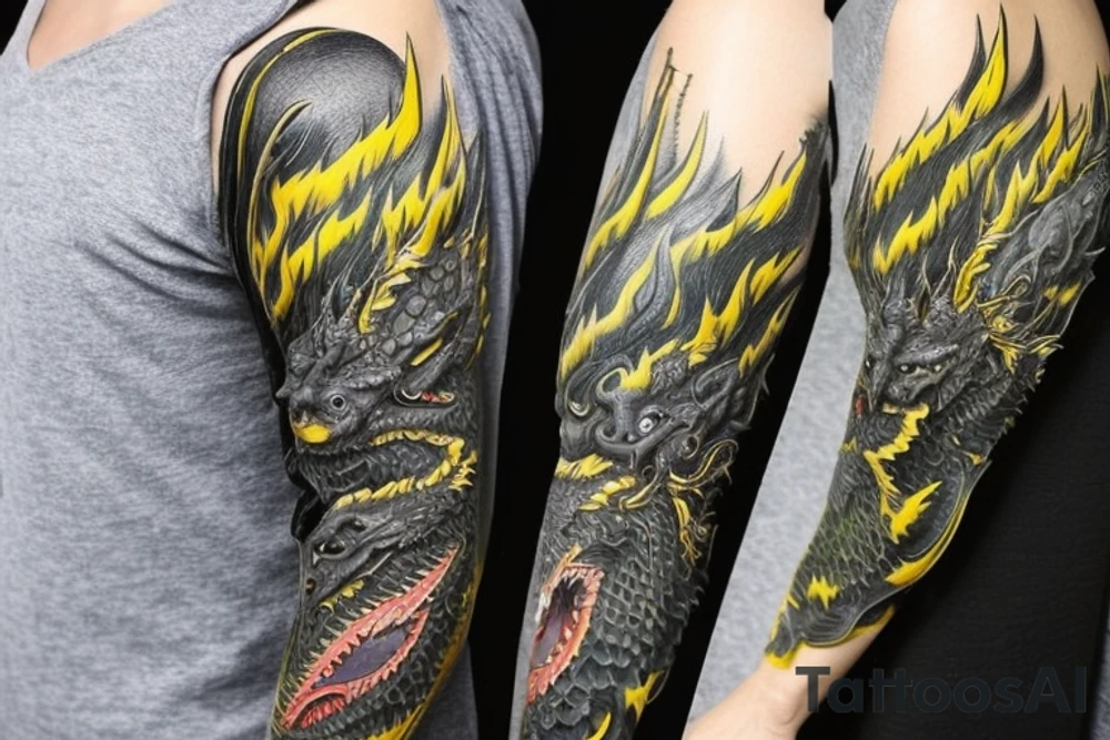 full arm sleeve
dragon tattoo with black scales,green   accents, sharp claws, long silky yellow hair and expressive eyes. Its head perches on your shoulder, and its body wraps around your arm in a spiral. The dragon's mouth is open as if it's roaring, and its tongue curls around your bicep.
Snowy mountains in the distance, scattered pine trees, and a blue sky. The tallest peak is in the centre of the design, and the snow is piled high on the ground.
Highly detailed scales with intricate patterns and shading, sharp claws, expressive eyes, and snowflakes with a crystalline appearance. pale blue-grey mountains, various shades of green for trees, and pure white snow.
The movement The dragon's body curves around your arm in a spiral, with its head and tail meeting at your shoulder. Its wings are outstretched, causing snow on the ground to spray up dramatically. tattoo idea