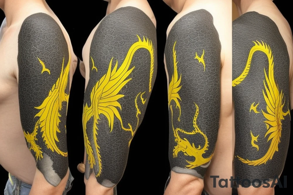 full arm sleeve
dragon tattoo with black scales,green   accents, sharp claws, long silky yellow hair and expressive eyes. Its head perches on your shoulder, and its body wraps around your arm in a spiral. The dragon's mouth is open as if it's roaring.
Snowy mountains in the distance, scattered pine trees, and a blue sky. The tallest peak is in the centre of the design, and the snow is piled high on the ground.
Highly detailed scales with intricate patterns and shading, sharp claws, expressive eyes, and snowflakes with a crystalline appearance. pale blue-grey mountains, various shades of green for trees, and pure white snow.
The movement The dragon's body curves around your arm in a spiral, with its head and tail meeting at your shoulder. Its wings are outstretched, causing snow on the ground to spray up dramatically. tattoo idea