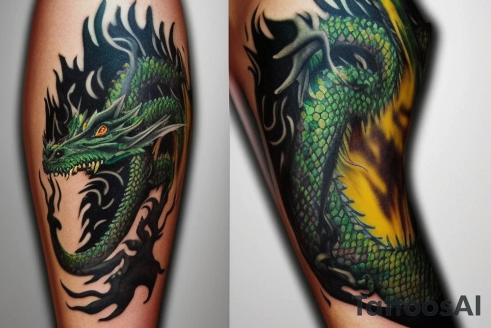 full arm sleeve
dragon tattoo with black scales,green   accents, sharp claws, long silky yellow hair and expressive eyes. Its head perches on your shoulder, and its body wraps around your arm in a spiral. The dragon's mouth is open as if it's roaring.
Snowy mountains in the distance, scattered pine trees, and a blue sky. The tallest peak is in the centre of the design, and the snow is piled high on the ground.
Highly detailed scales with intricate patterns and shading, sharp claws, expressive eyes, and snowflakes with a crystalline appearance. pale blue-grey mountains, various shades of green for trees, and pure white snow.
The movement The dragon's body curves around your arm in a spiral, with its head and tail meeting at your shoulder. Its wings are outstretched, causing snow on the ground to spray up dramatically. tattoo idea