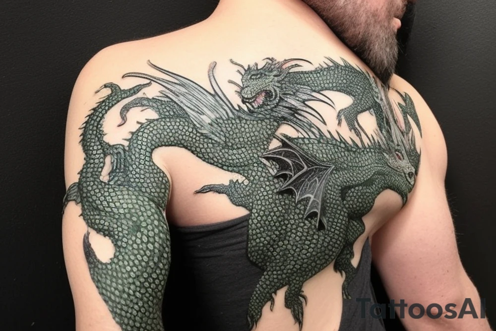 full arm sleeve
dragon tattoo with black scales,green   accents, sharp claws, long silky yellow hair and expressive eyes. Its head perches on your shoulder, and its body wraps around your arm in a spiral. The dragon's mouth is open as if it's roaring.
Snowy mountains in the distance, scattered pine trees, and a blue sky. The tallest peak is in the centre of the design, and the snow is piled high on the ground.
Highly detailed scales with intricate patterns and shading, sharp claws, expressive eyes, and snowflakes with a crystalline appearance. pale blue-grey mountains, various shades of green for trees, and pure white snow.
The movement The dragon's body curves around your arm in a spiral, with its head and tail meeting at your shoulder. Its wings are outstretched, causing snow on the ground to spray up dramatically. tattoo idea