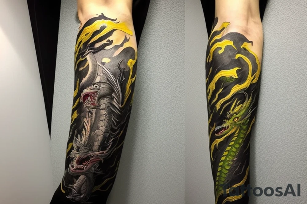 full arm sleeve
dragon tattoo with black scales,green   accents, sharp claws, long silky yellow hair and expressive eyes. Its head perches on your shoulder, and its body wraps around your arm in a spiral. The dragon's mouth is open as if it's roaring.
Snowy mountains in the distance, scattered pine trees, and a blue sky. The tallest peak is in the centre of the design, and the snow is piled high on the ground.
Highly detailed scales with intricate patterns and shading, sharp claws, expressive eyes, and snowflakes with a crystalline appearance. pale blue-grey mountains, various shades of green for trees, and pure white snow.
The movement The dragon's body curves around your arm in a spiral, with its head and tail meeting at your shoulder. Its wings are outstretched, causing snow on the ground to spray up dramatically. tattoo idea