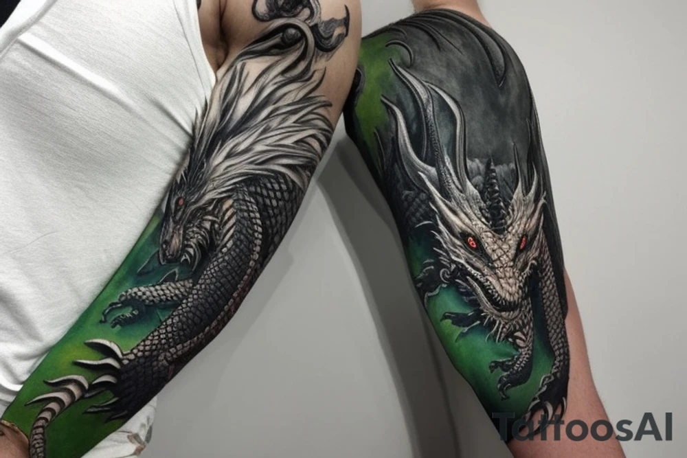 full arm sleeve
dragon tattoo with black scales,green   accents, sharp claws, long silky yellow hair and expressive eyes. Its head perches on your shoulder, and its body wraps around your arm in a spiral. The dragon's mouth is open as if it's roaring.
Snowy mountains in the distance, scattered pine trees, and a blue sky. The tallest peak is in the centre of the design, and the snow is piled high on the ground.
Highly detailed scales with intricate patterns and shading, sharp claws, expressive eyes, and snowflakes with a crystalline appearance. pale blue-grey mountains, various shades of green for trees, and pure white snow.
The movement The dragon's body curves around your arm in a spiral, with its head and tail meeting at your shoulder. Its wings are outstretched, causing snow on the ground to spray up dramatically. tattoo idea