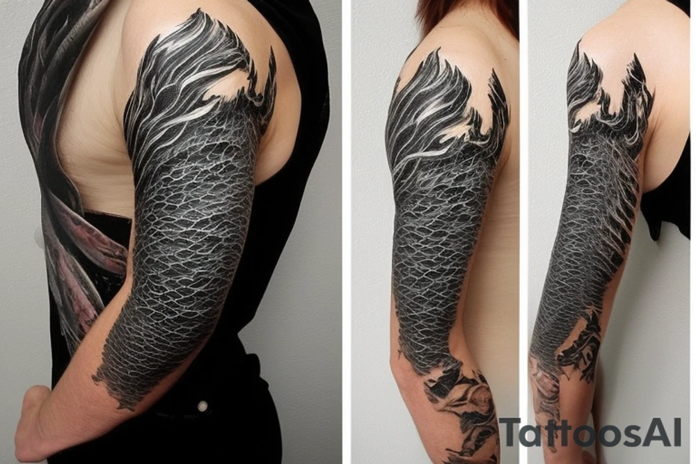 full arm sleeve
dragon tattoo with black scales, yellow accents, sharp claws, long silky hair and expressive eyes. Its head perches on your shoulder, and its body wraps around your arm in a spiral. The dragon's mouth is open as if it's roaring.
Snowy mountains in the distance, scattered pine trees, and a blue sky. The tallest peak is in the centre of the design, and the snow is piled high on the ground.
Highly detailed scales with intricate patterns and shading, sharp claws, expressive eyes, and snowflakes with a crystalline appearance. pale blue-grey mountains, various shades of green for trees, and pure white snow.
The movement The dragon's body curves around your arm in a spiral, with its head and tail meeting at your shoulder. Its wings are outstretched, causing snow on the ground to spray up dramatically. tattoo idea
