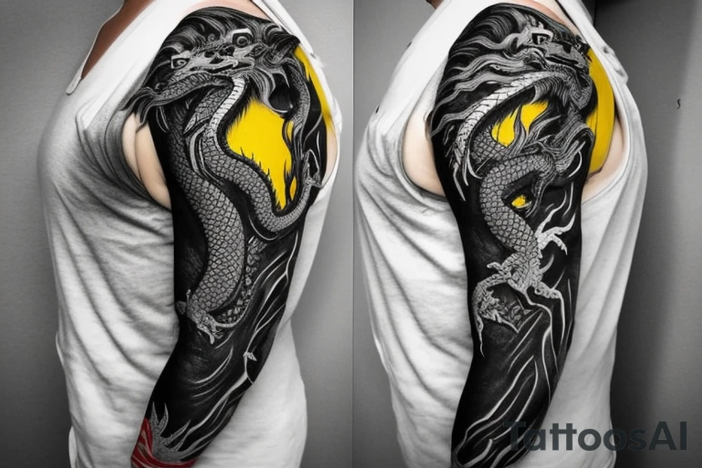 full arm sleeve
dragon tattoo with black scales, yellow accents, sharp claws, long silky hair and expressive eyes. Its head perches on your shoulder, and its body wraps around your arm in a spiral. The dragon's mouth is open as if it's roaring.
Snowy mountains in the distance, scattered pine trees, and a blue sky. The tallest peak is in the centre of the design, and the snow is piled high on the ground.
Highly detailed scales with intricate patterns and shading, sharp claws, expressive eyes, and snowflakes with a crystalline appearance. pale blue-grey mountains, various shades of green for trees, and pure white snow.
The movement The dragon's body curves around your arm in a spiral, with its head and tail meeting at your shoulder. Its wings are outstretched, causing snow on the ground to spray up dramatically. tattoo idea