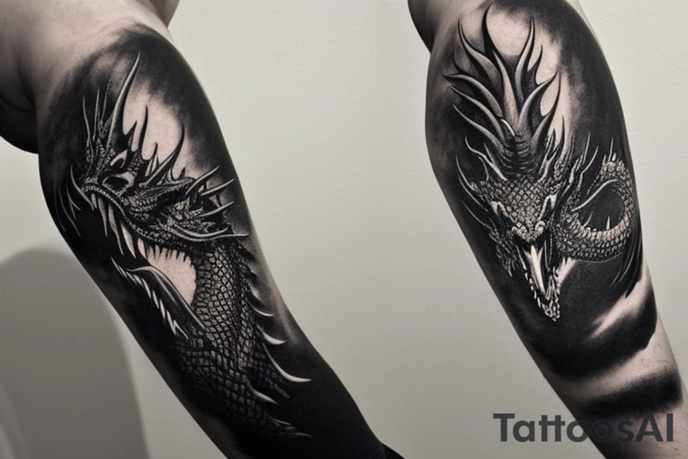 full arm sleeve
dragon tattoo with black scales, yellow accents, sharp claws, long silky hair and expressive eyes. Its head perches on your shoulder, and its body wraps around your arm in a spiral. The dragon's mouth is open as if it's roaring.
Snowy mountains in the distance, scattered pine trees, and a blue sky. The tallest peak is in the centre of the design, and the snow is piled high on the ground.
Highly detailed scales with intricate patterns and shading, sharp claws, expressive eyes, and snowflakes with a crystalline appearance. pale blue-grey mountains, various shades of green for trees, and pure white snow.
The movement The dragon's body curves around your arm in a spiral, with its head and tail meeting at your shoulder. Its wings are outstretched, causing snow on the ground to spray up dramatically. tattoo idea