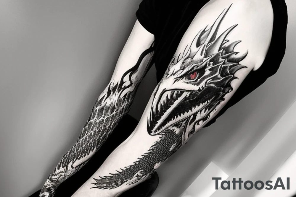 full arm sleeve
dragon tattoo with black scales, yellow accents, sharp claws, long silky hair and expressive eyes. Its head perches on your shoulder, and its body wraps around your arm in a spiral. The dragon's mouth is open as if it's roaring.
Snowy mountains in the distance, scattered pine trees, and a blue sky. The tallest peak is in the centre of the design, and the snow is piled high on the ground.
Highly detailed scales with intricate patterns and shading, sharp claws, expressive eyes, and snowflakes with a crystalline appearance. pale blue-grey mountains, various shades of green for trees, and pure white snow.
The movement The dragon's body curves around your arm in a spiral, with its head and tail meeting at your shoulder. Its wings are outstretched, causing snow on the ground to spray up dramatically. tattoo idea