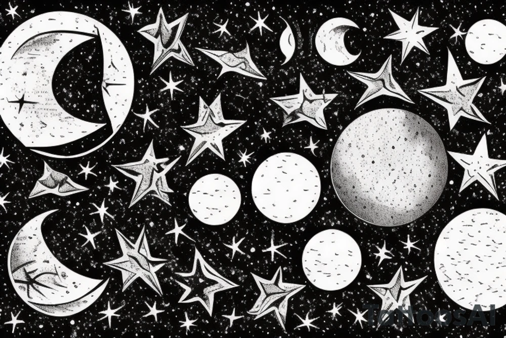 Star covered background with a black moon and distant sun in the right corner in the foreground then Venus diagonally under it and Mercury diagonally under Venus tattoo idea