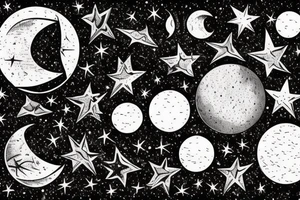 Star covered background with a black moon and distant sun in the right corner in the foreground then Venus diagonally under it and Mercury diagonally under Venus tattoo idea