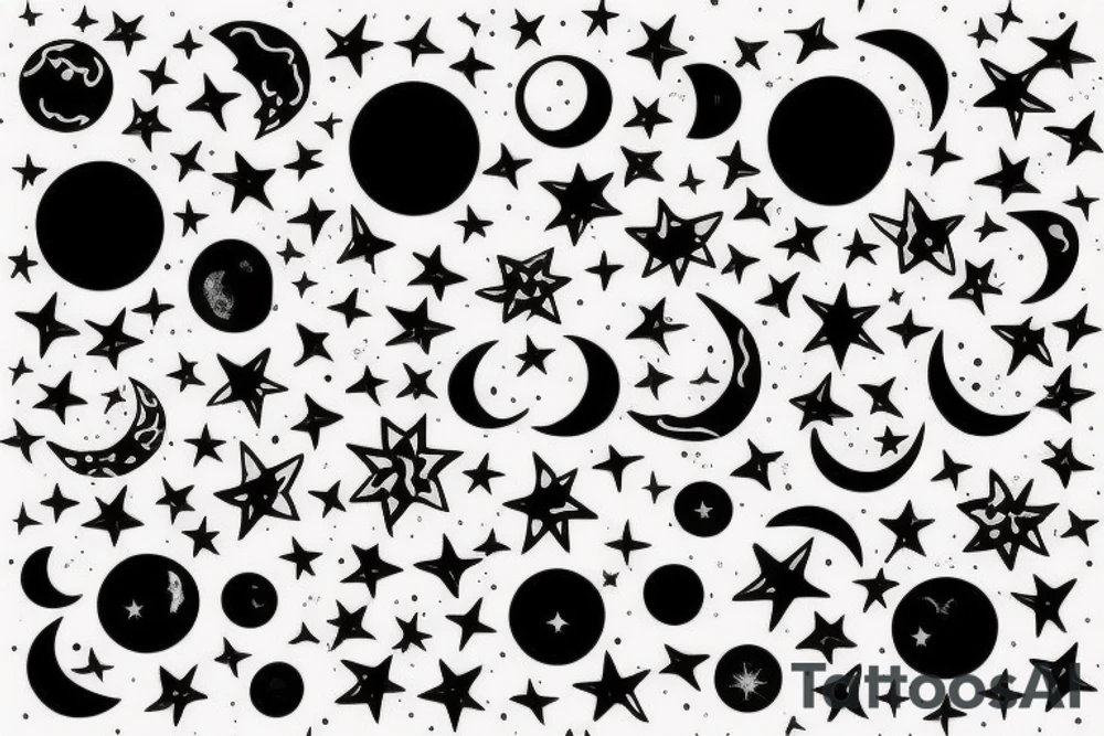 Star covered background with a black moon and distant sun in the right corner in the foreground then Venus diagonally under it and Mercury diagonally under Venus tattoo idea