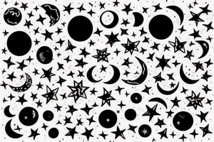 Star covered background with a black moon and distant sun in the right corner in the foreground then Venus diagonally under it and Mercury diagonally under Venus tattoo idea