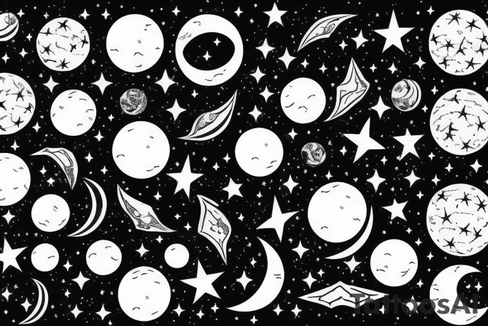 Star covered background with a black moon and distant sun in the right corner in the foreground then Venus diagonally under it and Mercury diagonally under Venus tattoo idea