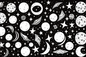 Star covered background with a black moon and distant sun in the right corner in the foreground then Venus diagonally under it and Mercury diagonally under Venus tattoo idea