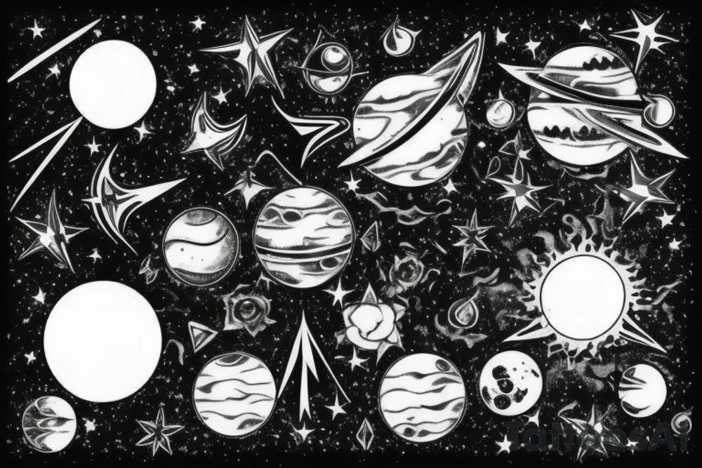 Star covered background with a black moon and distant sun in the right corner in the foreground then Venus diagonally under it and Mercury diagonally under Venus tattoo idea