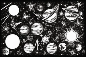 Star covered background with a black moon and distant sun in the right corner in the foreground then Venus diagonally under it and Mercury diagonally under Venus tattoo idea